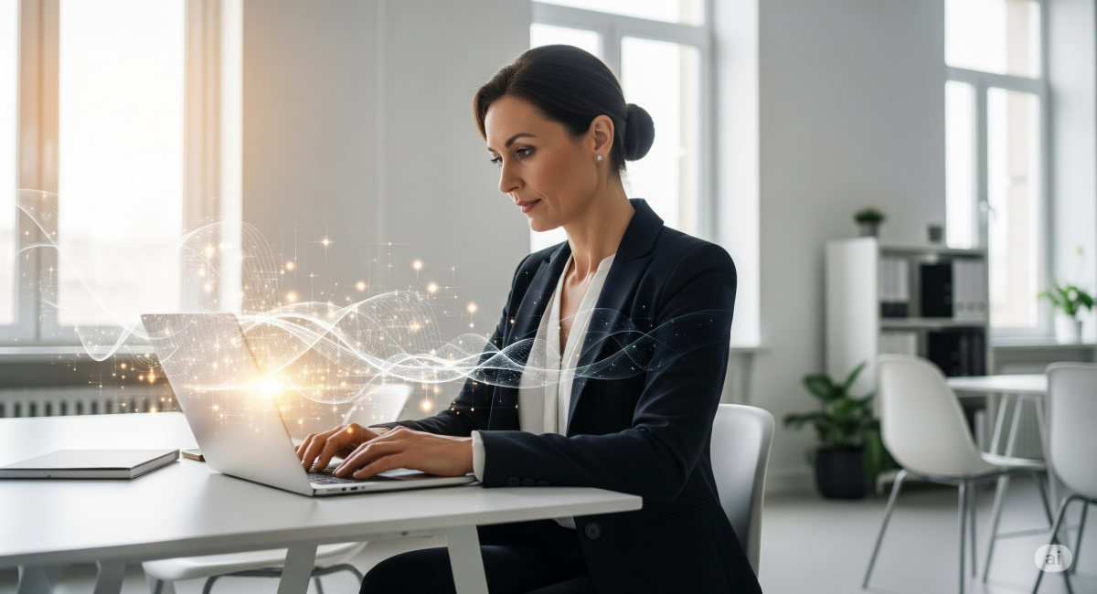Businesswoman working on laptop with abstract representation of AI