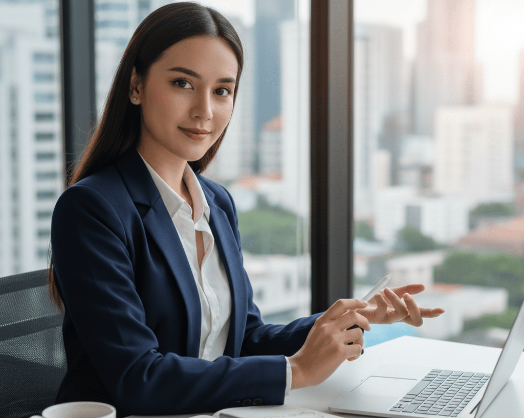 A young businessperson in a suit sits at a desk and looks at the camera while she gestrures