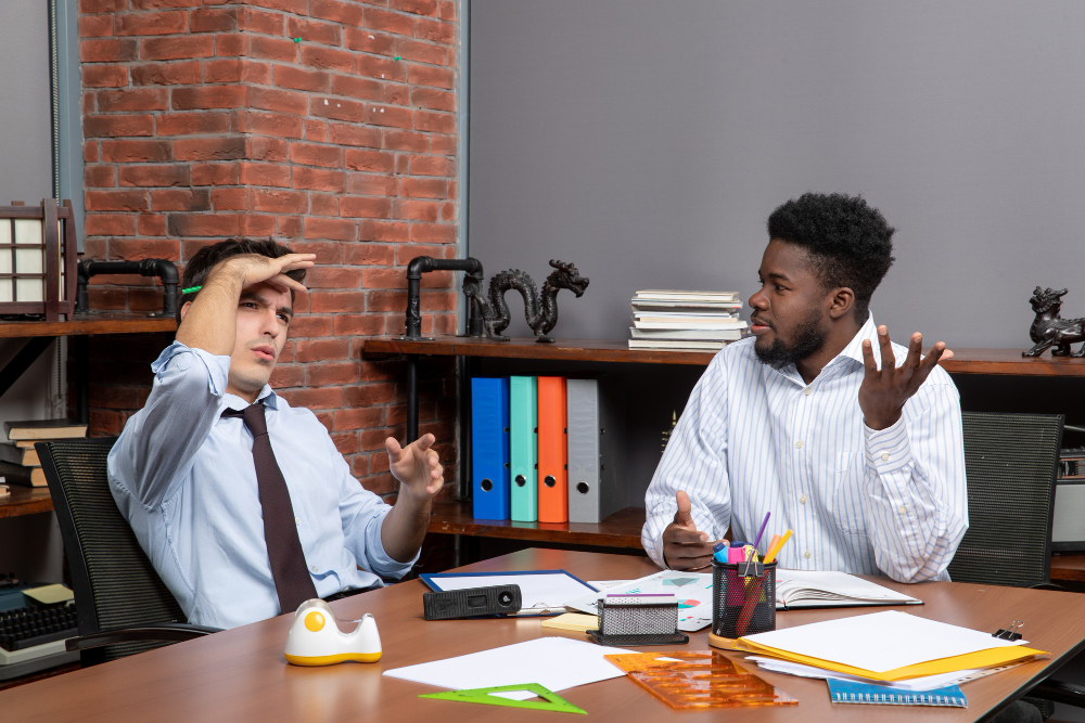 Two businessmen in formal wear sitting at table