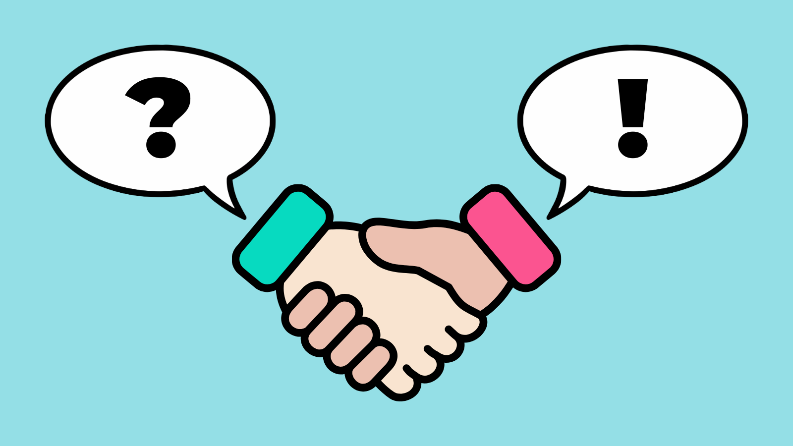 A minimalist, flat-style illustration featuring two hands in a firm handshake against a light blue background. Each hand is connected to an arm with a colorful sleeve—one teal and one pink. Above the teal-sleeved hand, a white speech bubble contains a bold black question mark; above the pink-sleeved hand, a white speech bubble contains a bold black exclamation mark. The image visually represents a successful "communication handshake," negotiation, or the resolution of a query between two parties.