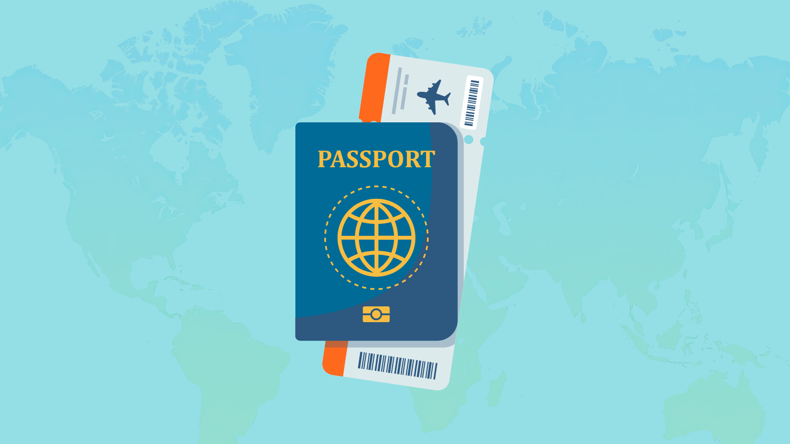A flat-style illustration featuring a blue passport and two airplane boarding passes centered over a light blue world map background.
