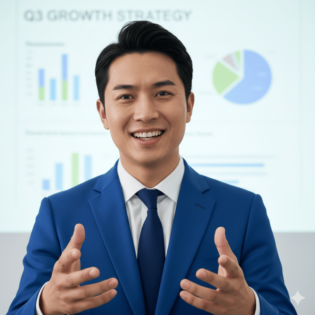 A young businessman is presenting confidently