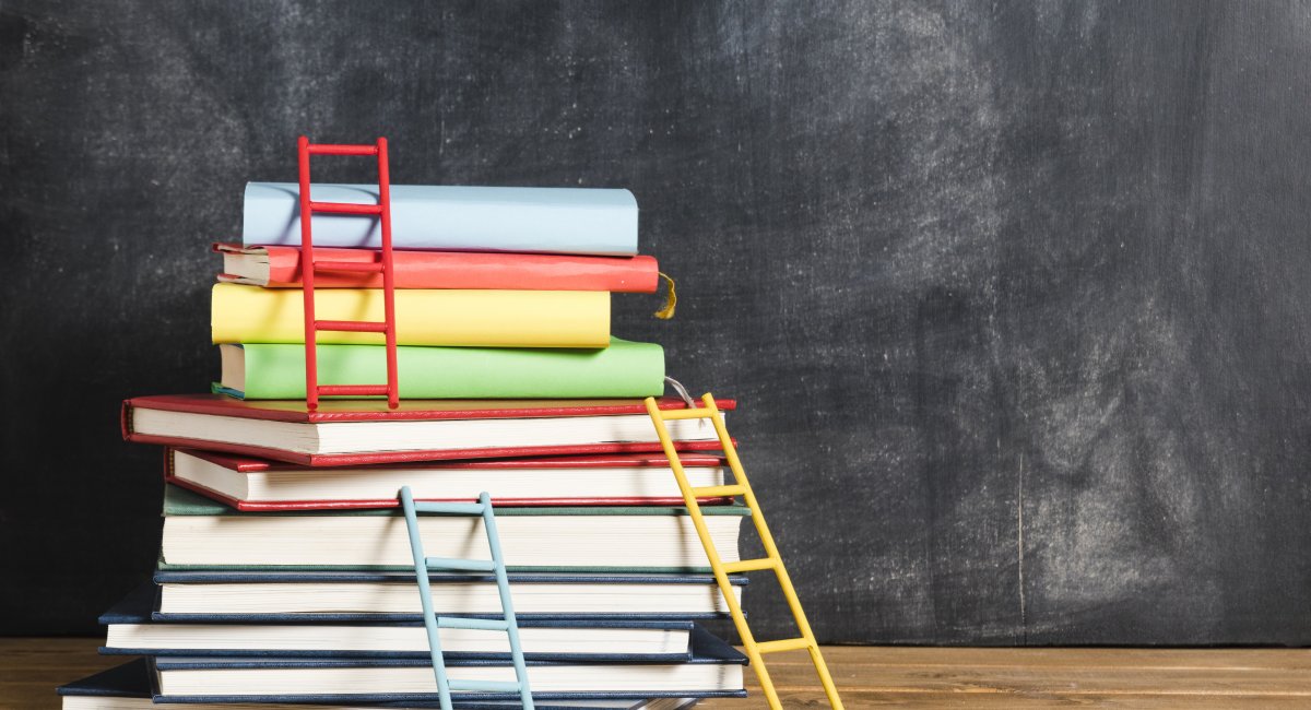 Stack of books with ladders propped against it.