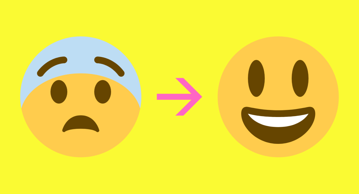 An illustration showing the shift from learning anxiety to confidence. On the left, a concerned yellow face emoji is partially covered by a light blue "filter" over its forehead and eyes. A pink arrow points to the right, leading to a bright, smiling yellow face emoji without the filter, representing the lowering of the affective barrier in language acquisition.