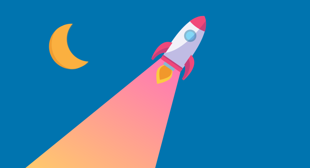 A graphic of a rocket ship launching into space