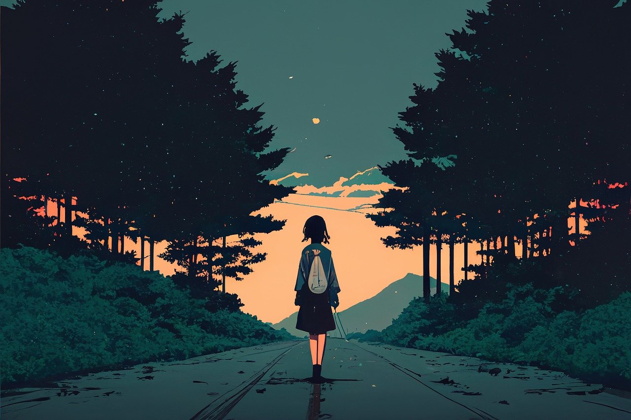 Illustration of a lone backpacker walking down a road in a forest