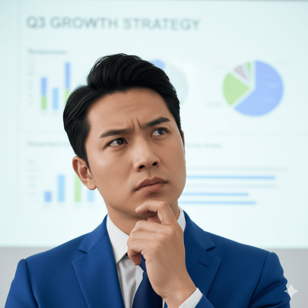 A young man is thinking as he gives a business presentation.