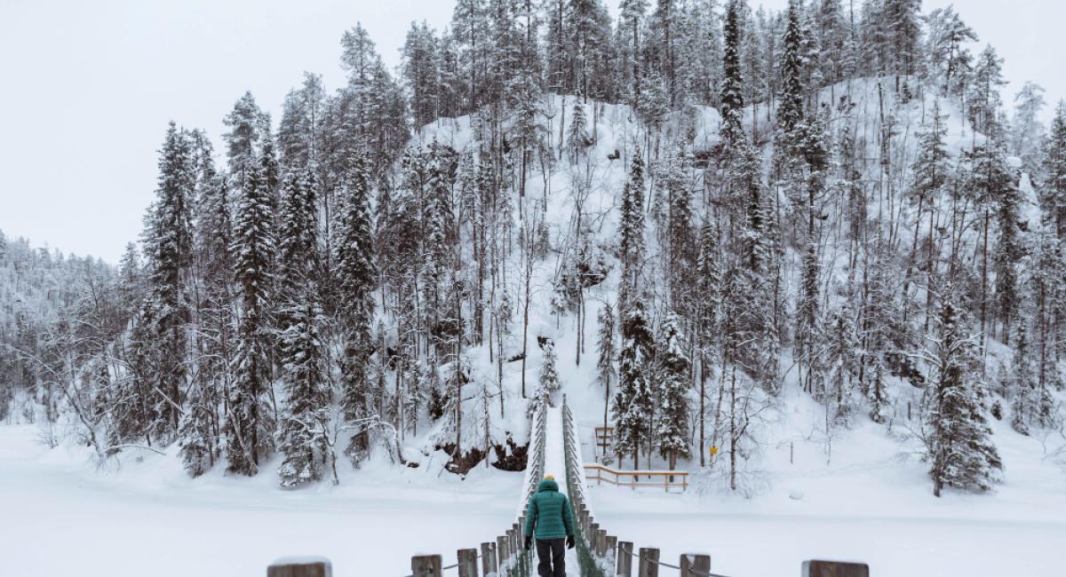 Woman crossing a suspension bridge in a snowy Oulanka National Park, Finland