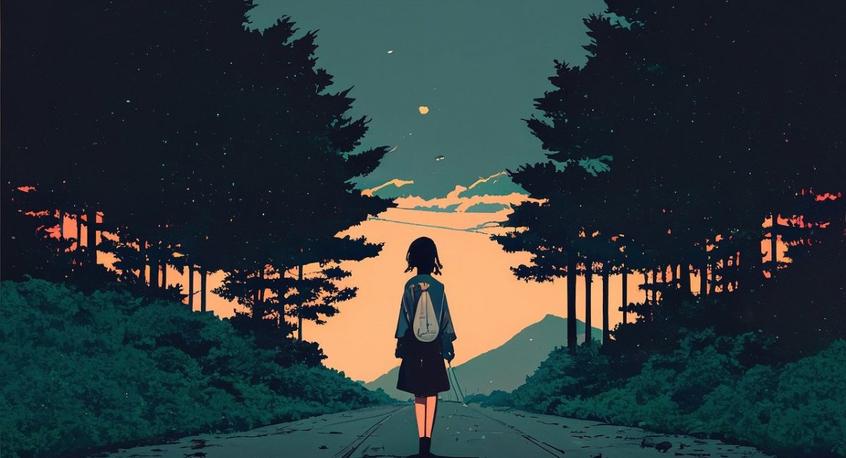 Illustration of a lone backpacker walking down a road in a forest