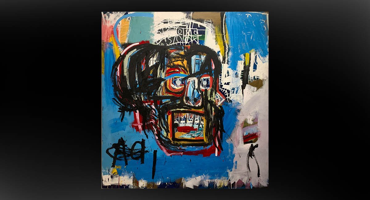 Basquiat's "Untitled" image of a skull on a turquoise blue background