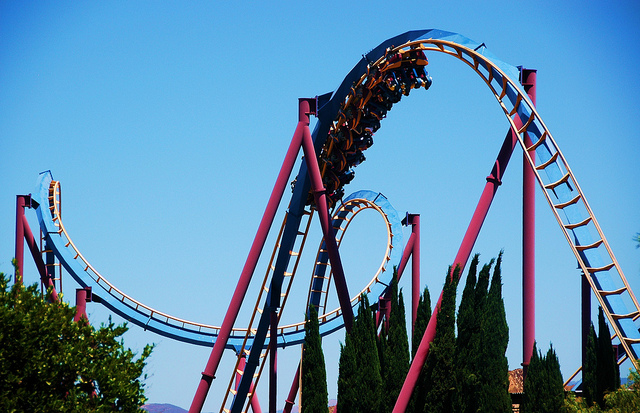 A roller coaster looping against the blue sky